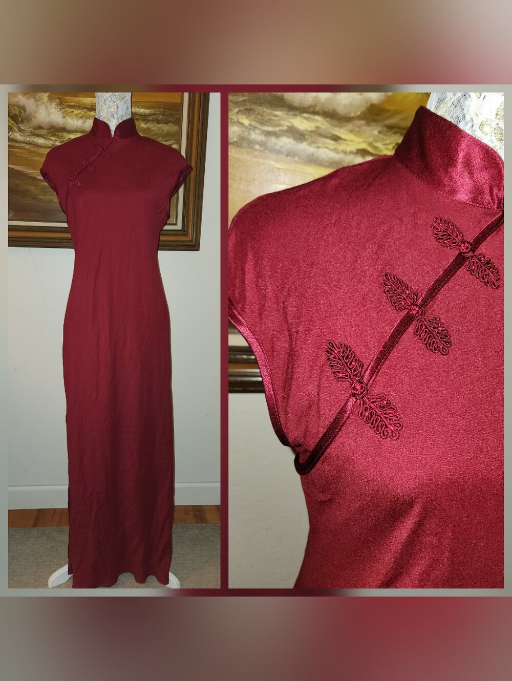 Vintage Wild Rose 1990s Asian Style Deep Red Maxi Dress